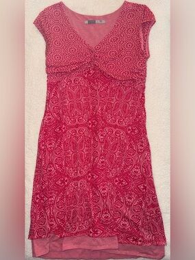 Athleta Pink Printed Ruched V-Neck Dress Large